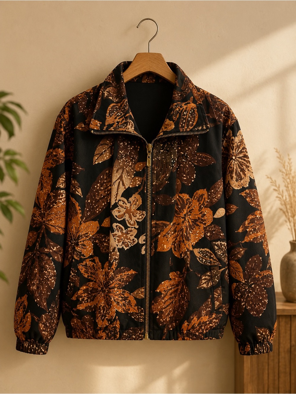Blair Floral Zip Front Lightweight Jacket Brown Black Women’s Large